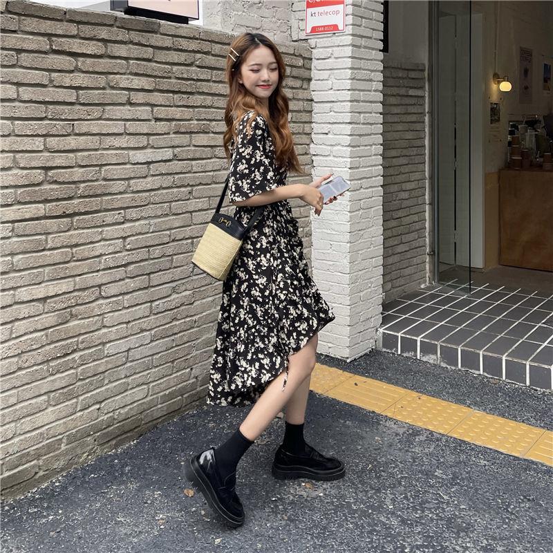 French Retro Floral Skirt Summer Mid-length Skirt Temperament High-level Sense of Short-sleeved Dress Women