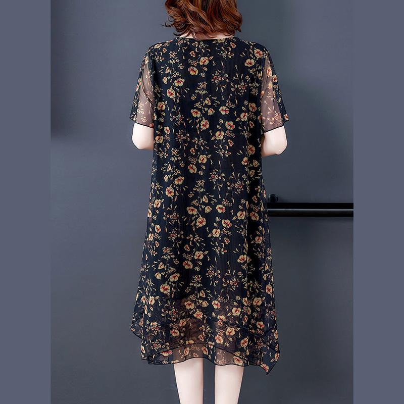 Large Size Short-sleeved Dress Women Summer Mid-length Round Neck Print Small Floral Comfort and Cool