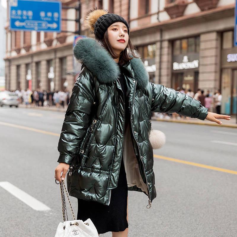Winter Women's White Duck Down Jacket Fashion Bright Face Fur Collar Jacket Mid-length Thick Warm Cotton Jacket