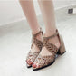 Women Summer Hollow Out Leather Sandals  Rhinestones Sandals High Heeled Open Toe Block Heel Sandals for Women