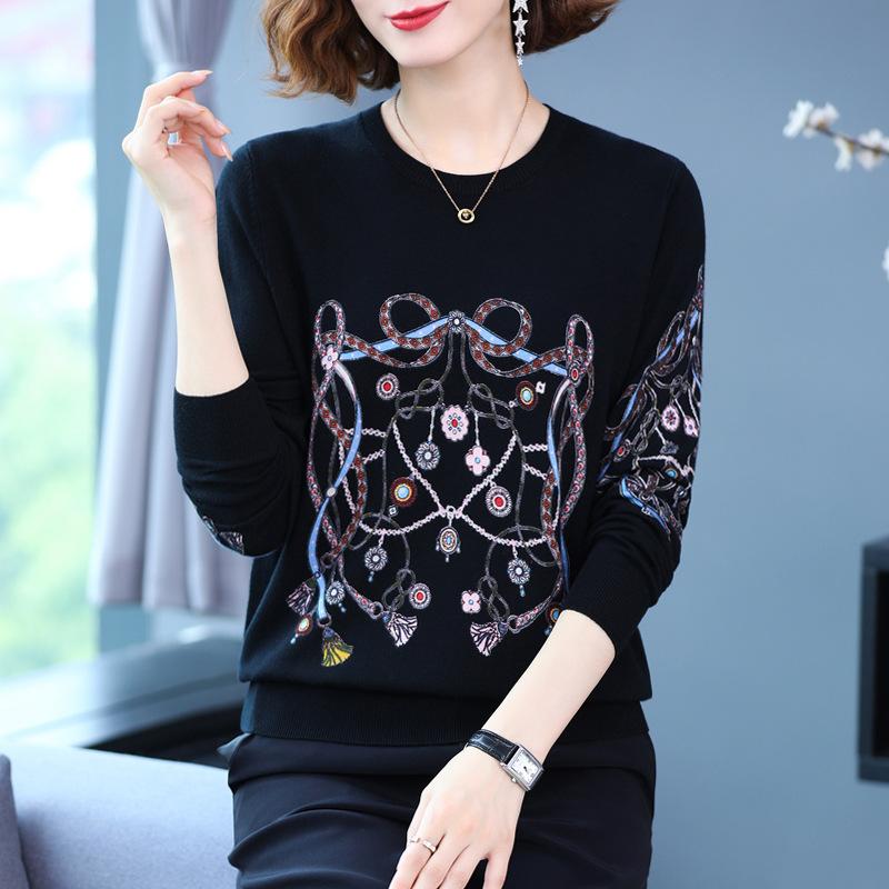 Women's Autumn and Winter Printed Sweater Round Neck Long Sleeve Knit Sweater Middle-aged and Elderly Mother Sweater