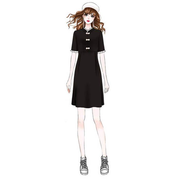 Pofulove Women Chinese O-neck Bow Dress Slim Short Sleeve Short Dress Stand Collar Black Dress
