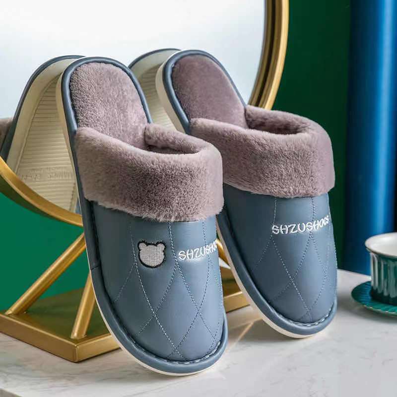 Winter Couple Cotton Slippers Household PU Leather Warm Shoes Waterproof Non-slip Plush Slippers