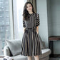 All-match Thin High Waist Skirt Temperament Lady Dress with Pockets In The Long Striped High Waist Dress Thin Elegant Round Neck Retro