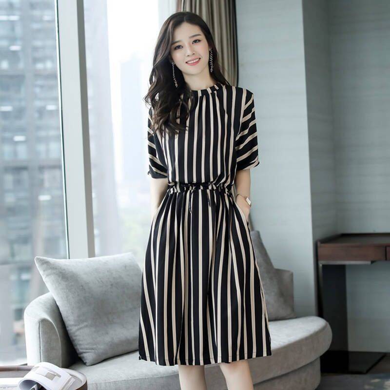 All-match Thin High Waist Skirt Temperament Lady Dress with Pockets In The Long Striped High Waist Dress Thin Elegant Round Neck Retro