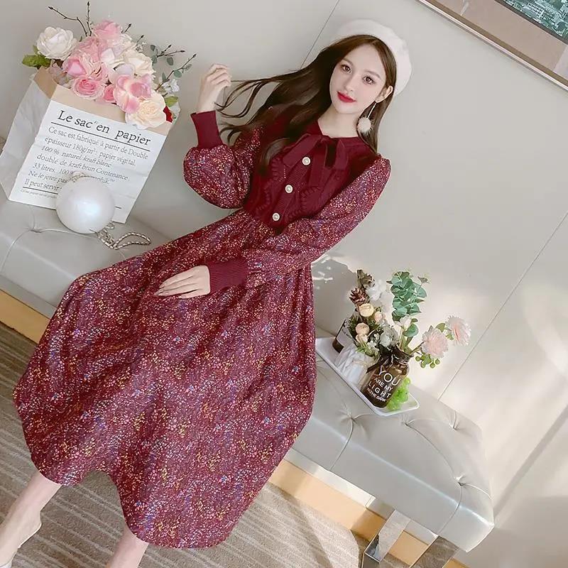 Autumn and Winter Fake Two-piece Stitching Floral Sweater Knit Bottoming Skirt Loose Long A-line Dress