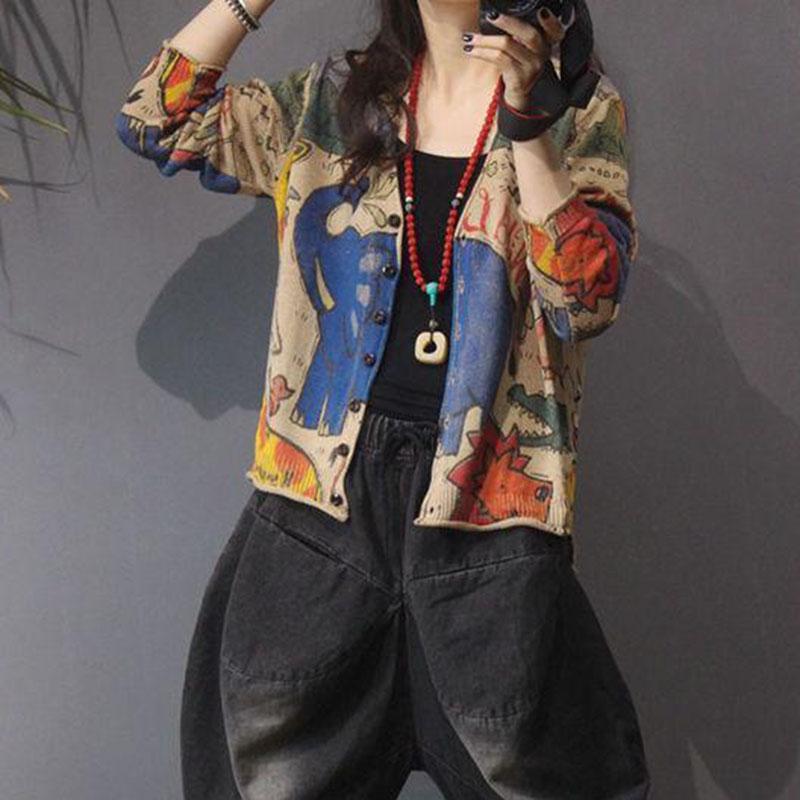 Vintage Ethnic Printed Knitted Cardigan Women Loose Large Size Wild Knitted Sweater Coat Jacket