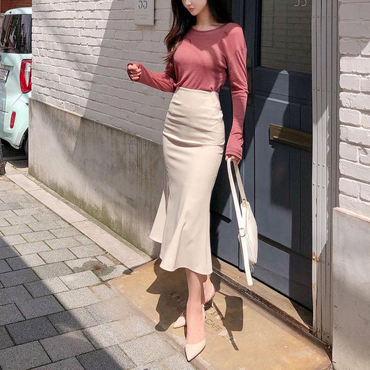 2020 Skirt Woman's Summer High Waist Skirt Casual Solid Skirt Ruffle Fish Tail Skirt with Buttocks