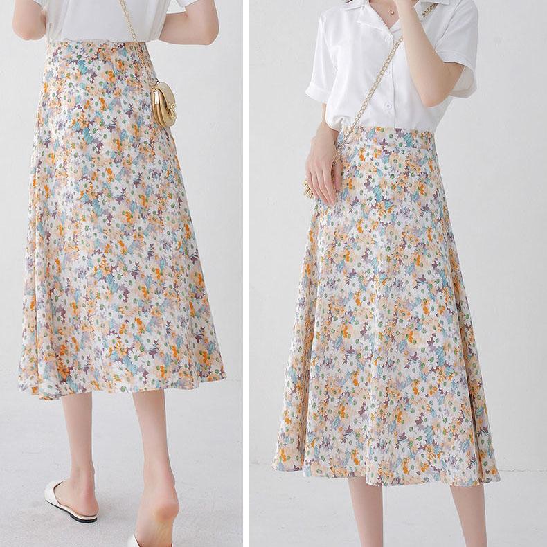 Women Summer Vintage Chiffon Floral Print High Waist Slim Versatile Elastic Waist A-line Holiday Long Skirt