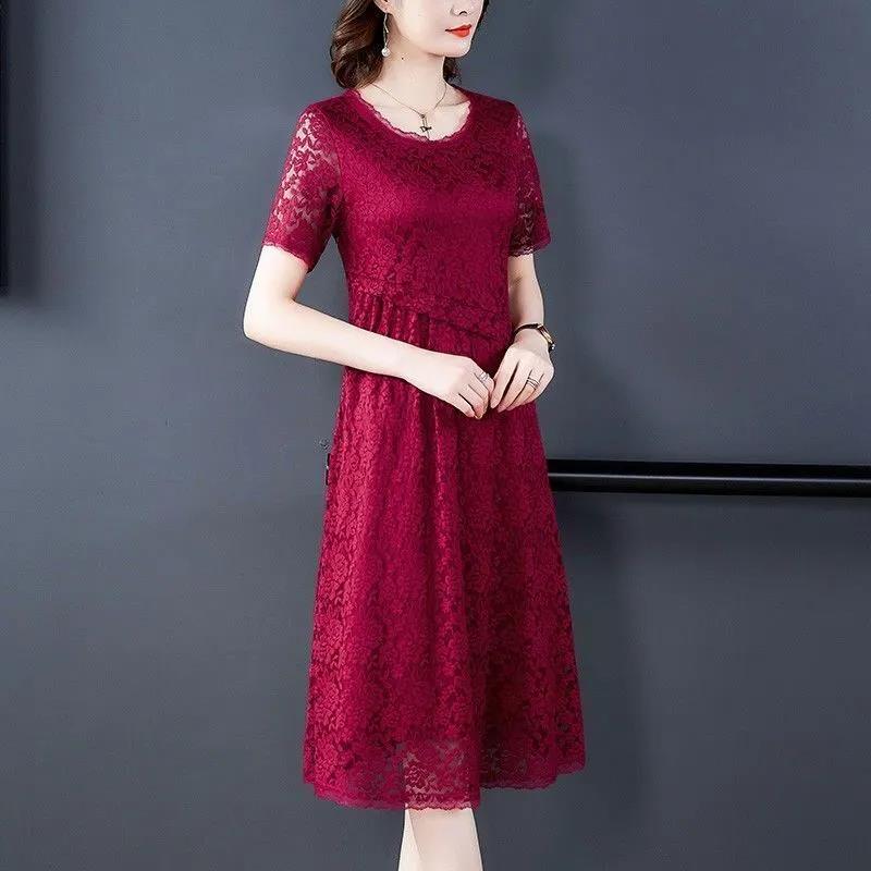 Women's Summer Short Sleeve Midi Dress Lace Loose Round Neck A-Line Skirt