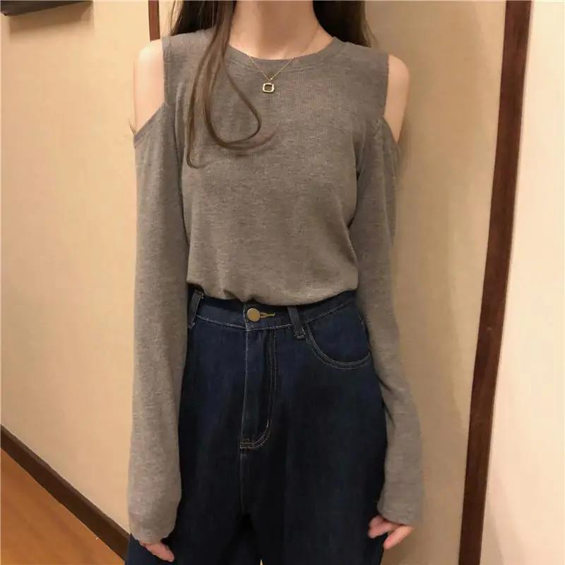 Off Shoulder T Shirt Casual Loose Clothes Tops Pure color Leisure Long Women pullover