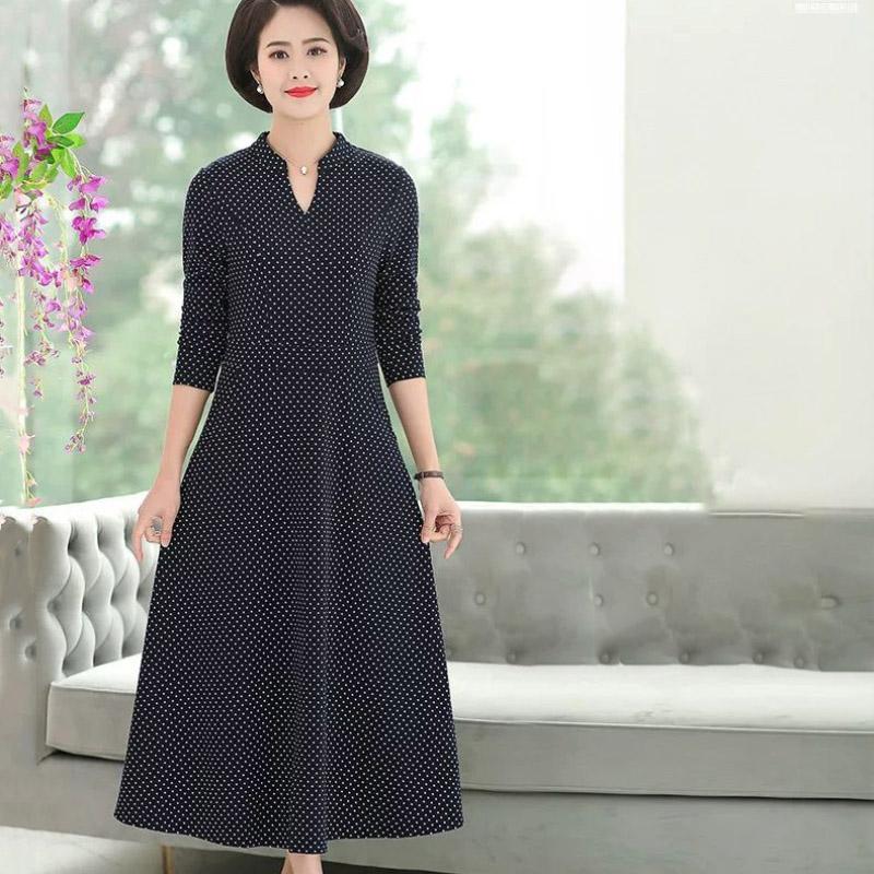 Middle-aged Elderly Women's Dresses Spring Summer Waist Long Dress Retro Printing Mid-length Plus Size Women's Clothing