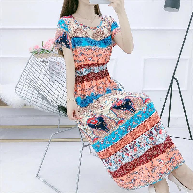 Ethnic Style Long Dress Casual Comfort Cotton Dress Plus Size Short Sleeve Dress Summer