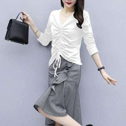 Large Size Women's Skirt Set V-neck Pleated Long-sleeved Top Irregular Ruffled Fishtail Skirt Two-piece Set Spring and Summer Casual Suit