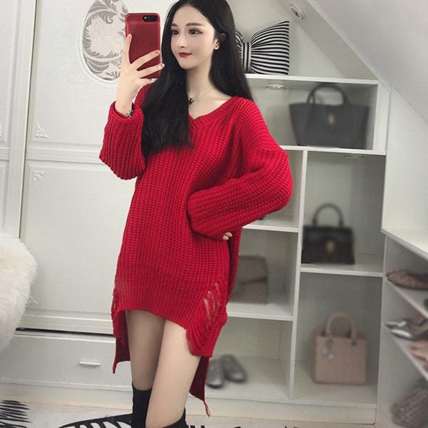Spring and Autumn Sexy Mid-length Sweater V-neck Pullover Irregular Top Loose Hole Knit Sweater Dress