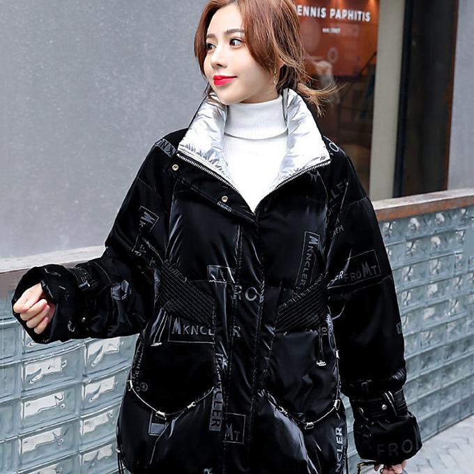 Winter Bright Face Loose Warm Bread Jacket Down Cotton Jacket Women Mid-length Winter Loose Stand-up Collar Thick Warm Cotton Jacket