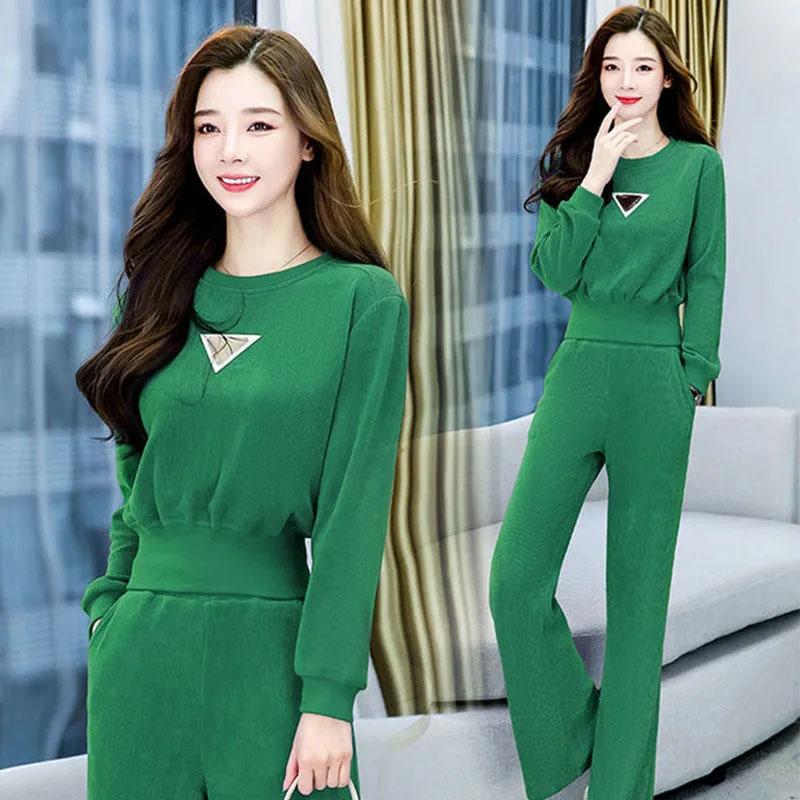 2PCS Women's Sweater Suit Spring Long Sleeve Pullover Sweater + Casual Wide Leg Pants Two Piece Set Ladies Waist Temperament Sports Suit