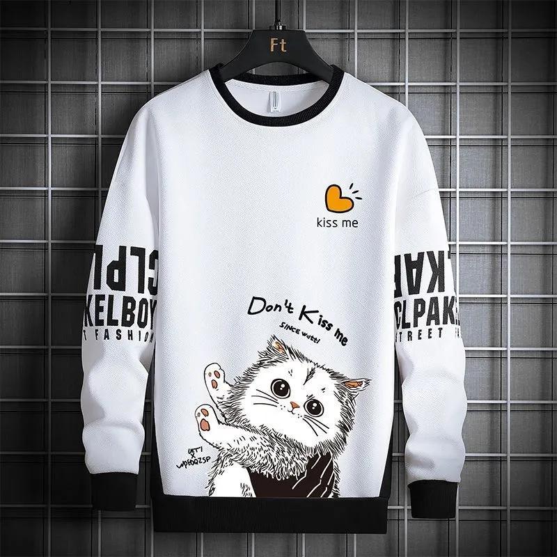 Spring and Autumn Men's Round Neck Sweater Youth Bottoming Shirt Middle School Student Shirt Cartoon Printing Trend Long-sleeved T-shirt Men