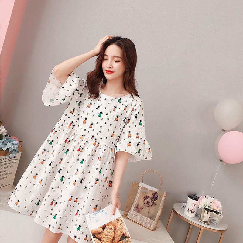 3colors S-XXXXL Summer Round Neck Cute Girl Student Dress Cotton Loose Knee-length