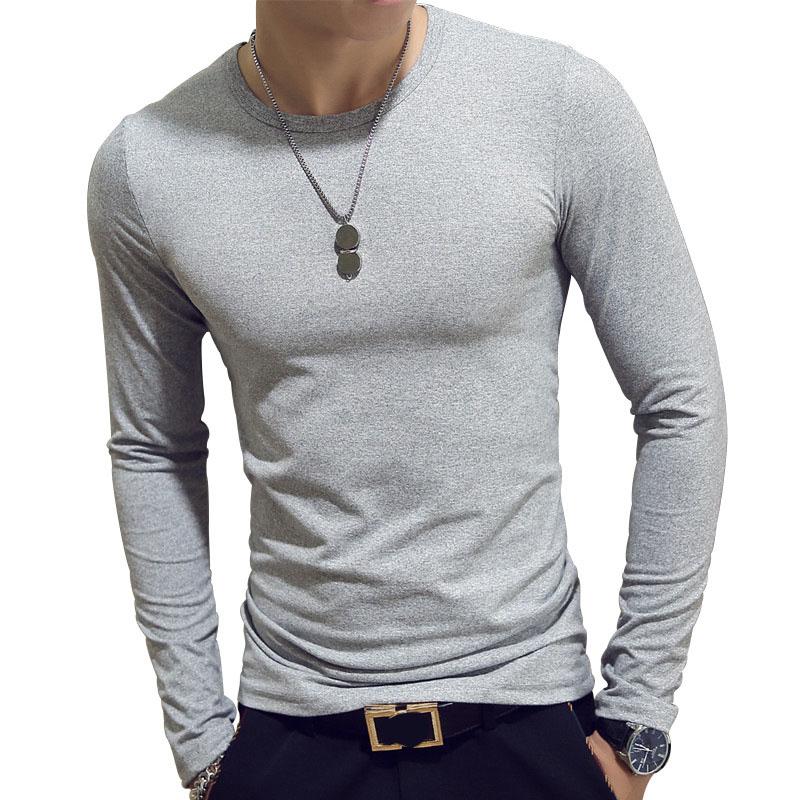 Stretch T-shirt Men Slim Tees Casual Bottoming Shirt Solid Color Pullover Long Sleeve Overshirt Male Clothing Fitness Top
