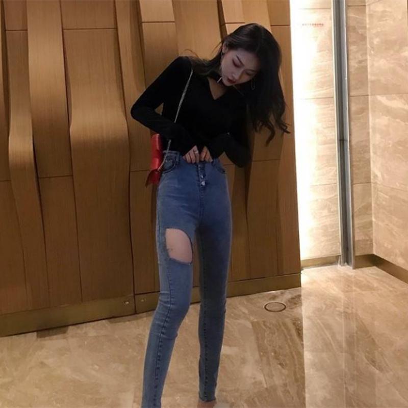Pofulove V-neck Sexy Long Sleeve Gold Velvet T-Shirt Black Sweater Women Retro Slim Slim Deep
