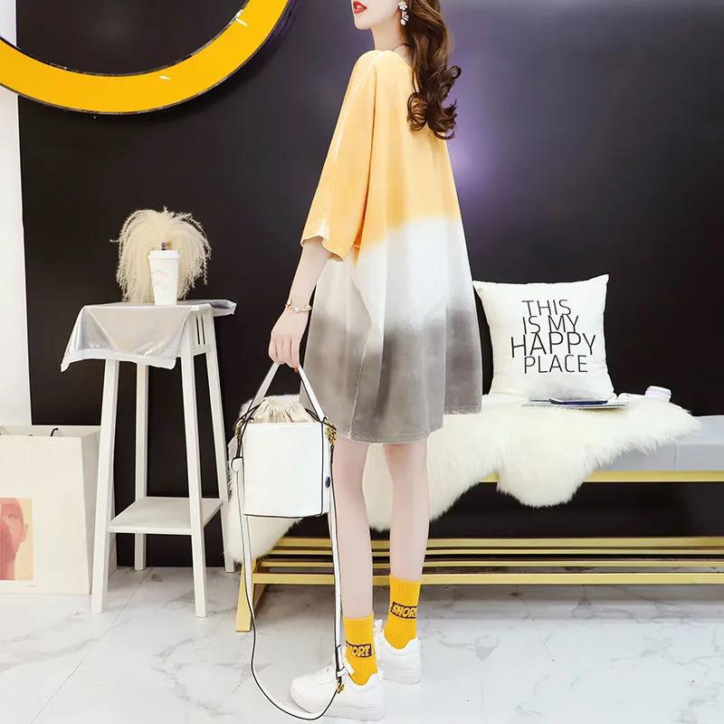 T-shirt Dress Stitching Color Gradient Women Dress Girl Loose V-Neck Batwing Sleeve Casual Long  Big Loose Home Comfort Outer Convenient