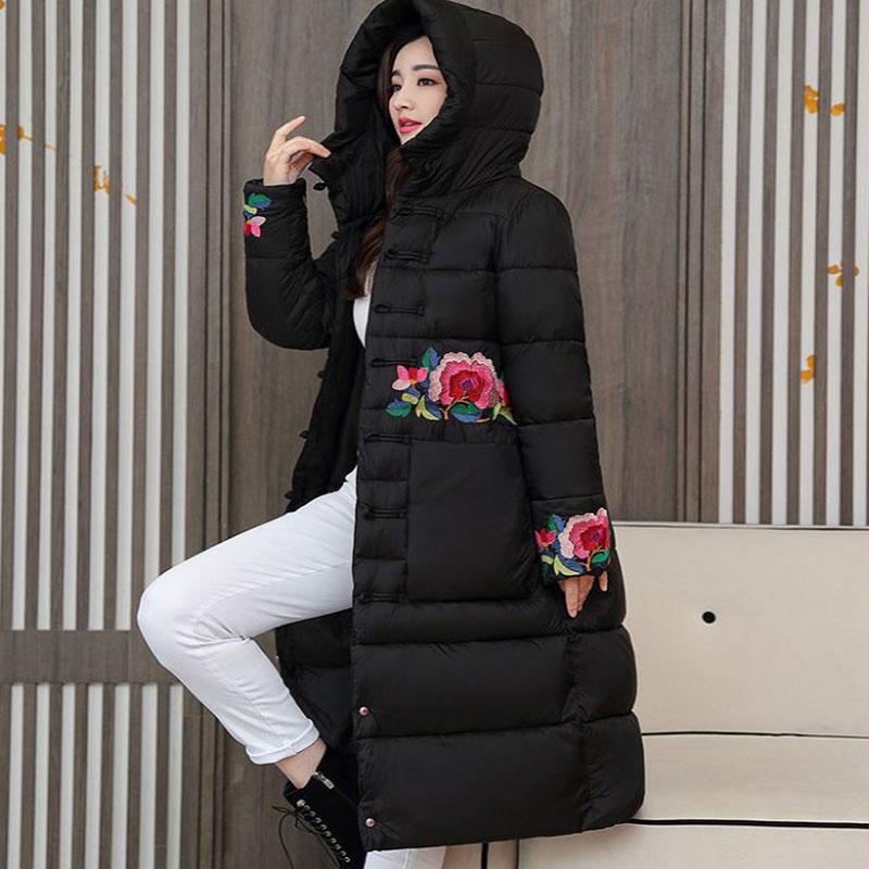 Winter Women's Ethnic Embroidery Down Jacket Mid-length Retro Buckle Hooded Cotton Jacket