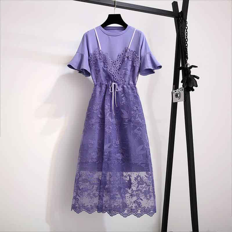 S-2XL Women Mesh Strap Dress+Medium Short Sleeve O-Neck T-shirt 2pcs Office Lady Dress Set