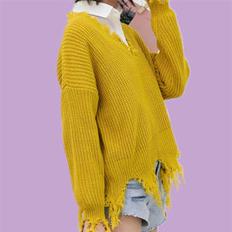 Loose Casual Solid Color Irregular Sweater Fashion Chic Tassel V-neck Long-sleeved Knit Pullover