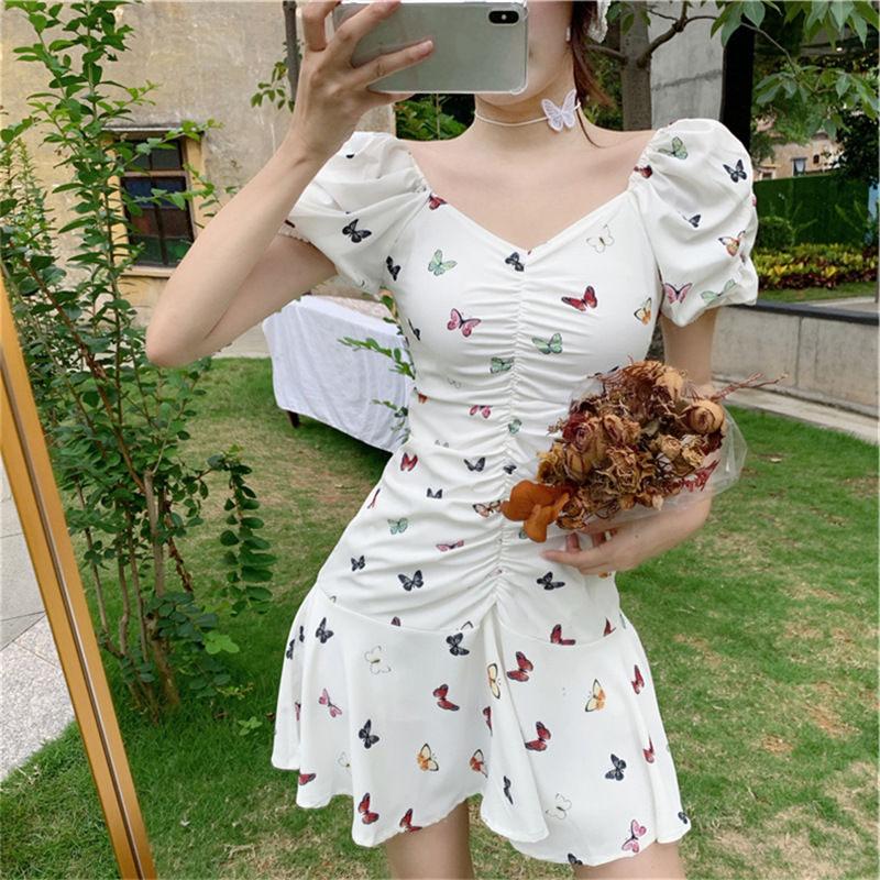 Women's Summer French Elegant Butterfly Group Sweet Print Bubble Sleeve Fishtail Dress