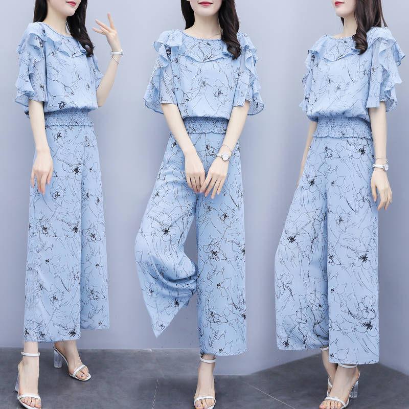 Suit Women Summer Two-piece Trousers Loose Floral Blouse Wide-leg Pants Casual Suit Temperament Elegant Sweet Cute Chiffon Suit