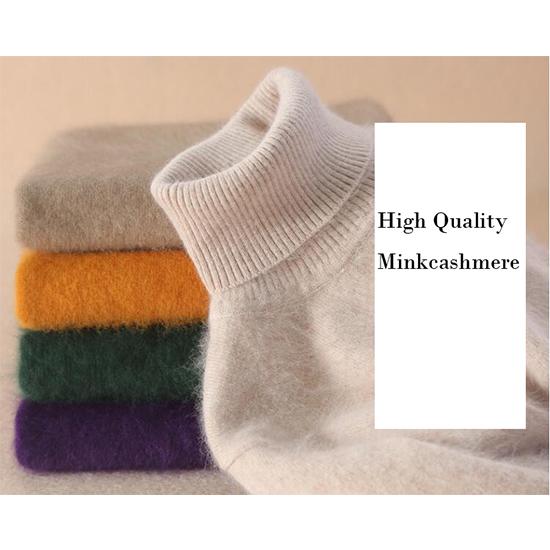 Pofulove Women Silmulated Mink Cashmere Base Sweater Turtleneck Knitted Casual Pullover Top Jumper
