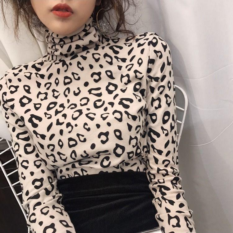 Pofulove Wild Thin Plus Fleece Top Turtleneck Bottoming Shirt Women's Long Sleeve Leopard Warm Slim