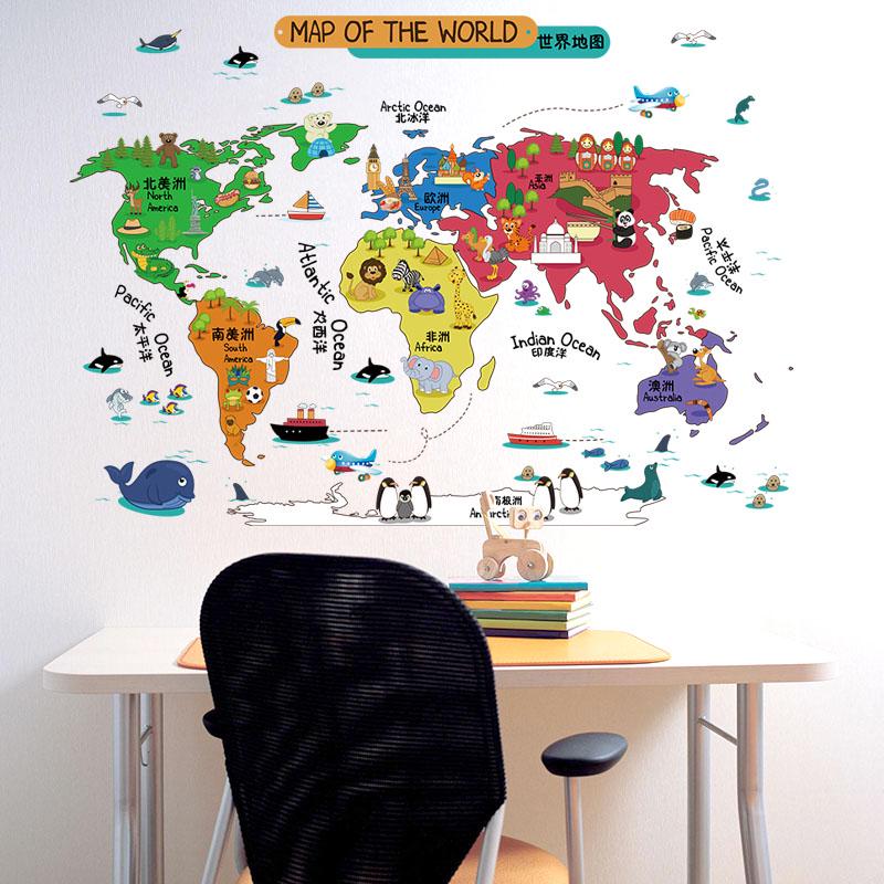 [Wall sticker] cartoon world map wall stickers for kids rooms children decals diy home room decorati