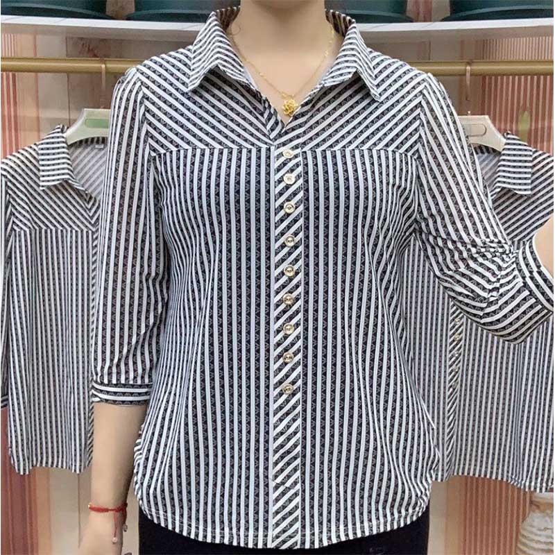 Striped Shirt Women's All-match Middle-aged Mother's Shirt To Cover The Belly and Show Thin Three-quarter Sleeve Top Large Size