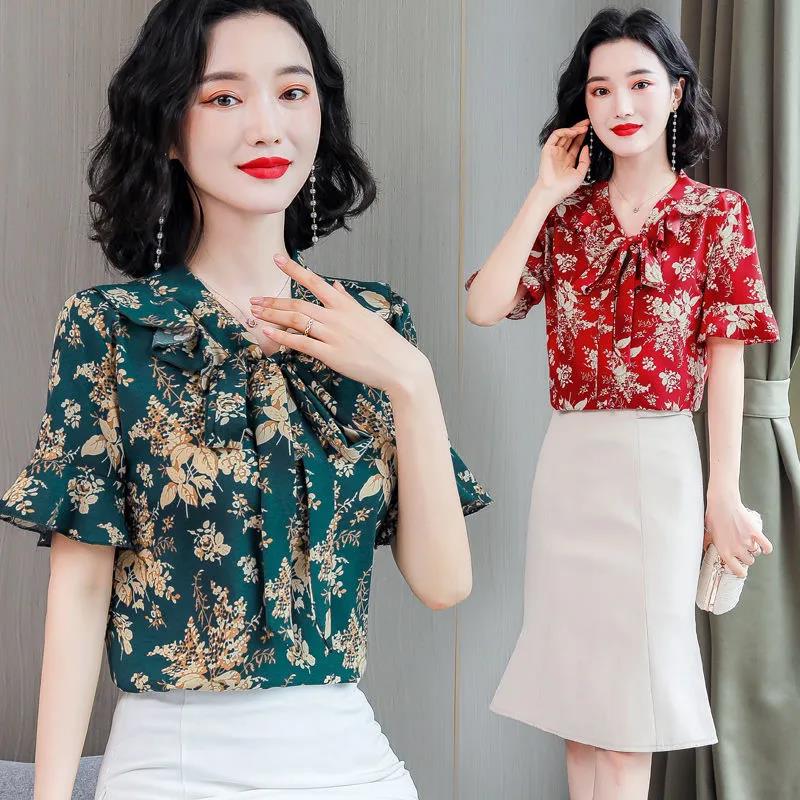 Women's Summer Short Sleeve Chiffon Shirt Loose Floral Top