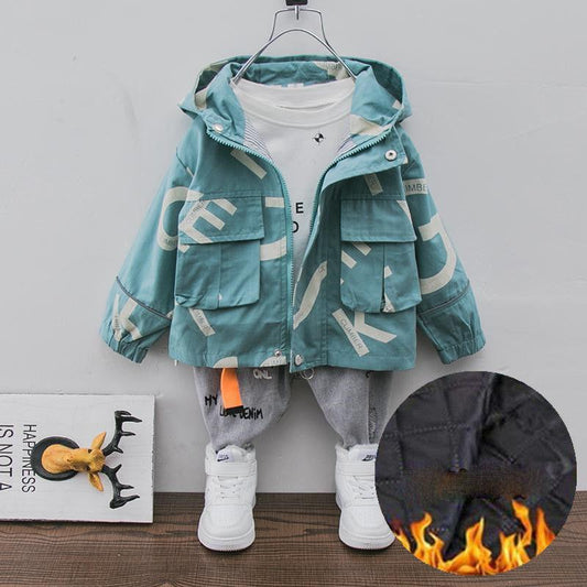 Boys Jacket Autumn and Winter Casual Jacket Children's Thick Hooded Zipper Shirt Jacket Printed Jacket Coat