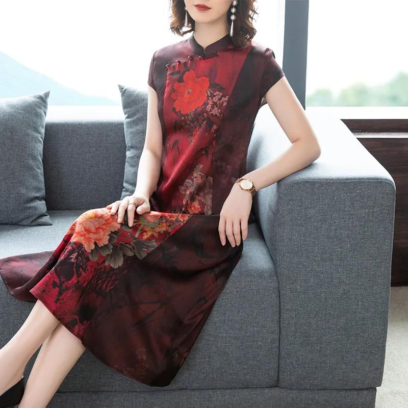 Middle-aged Mother Cheongsam Dress Female Long Summer High-end Retro Cover Belly Chinese Style Simulation Silk Skirt
