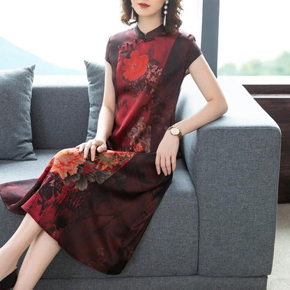 Middle-aged Mother Cheongsam Dress Female Long Summer High-end Retro Cover Belly Chinese Style Simulation Silk Skirt