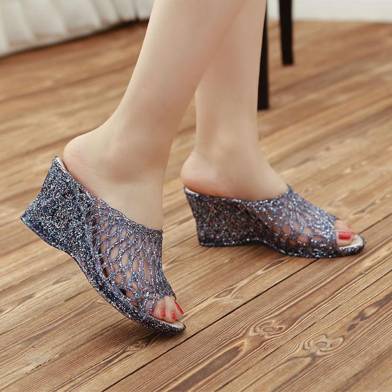 Summer Ladies Crystal Thick Bottom Wedges Plastic Sandals Jelly High-heeled Crystal Fashion Mother Non-slip Sandals One Size Smaller