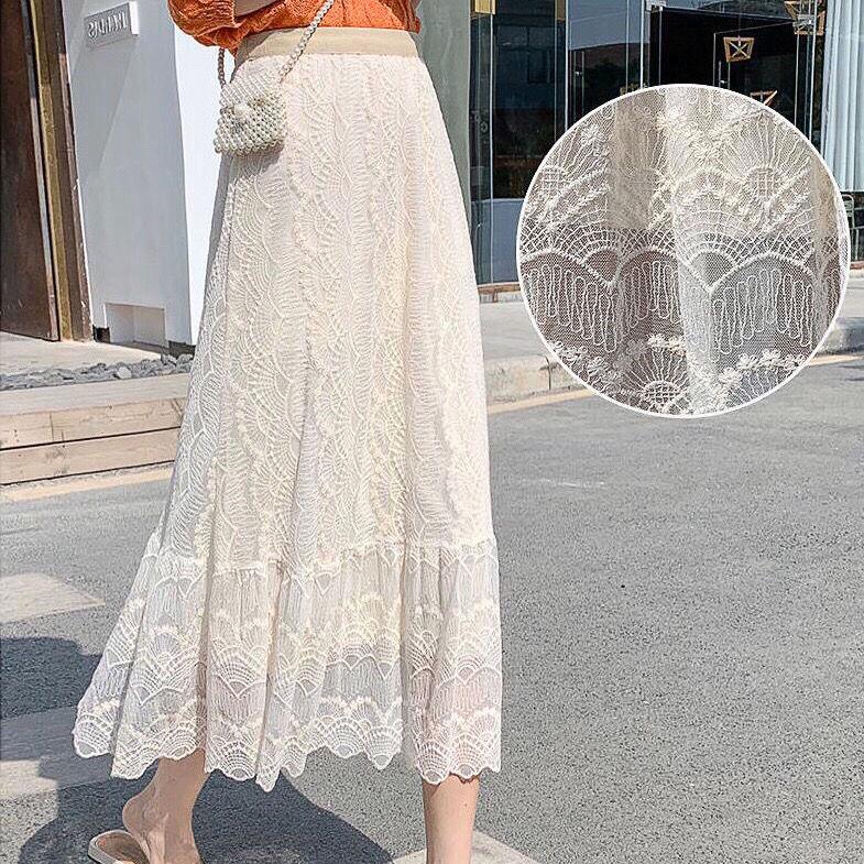 Spring Summer Long Skirt Women Clothing 2020 Flower Embroidered Lace Mesh Skirts Sweet Pleated Tulle Skirt Faldas Saias