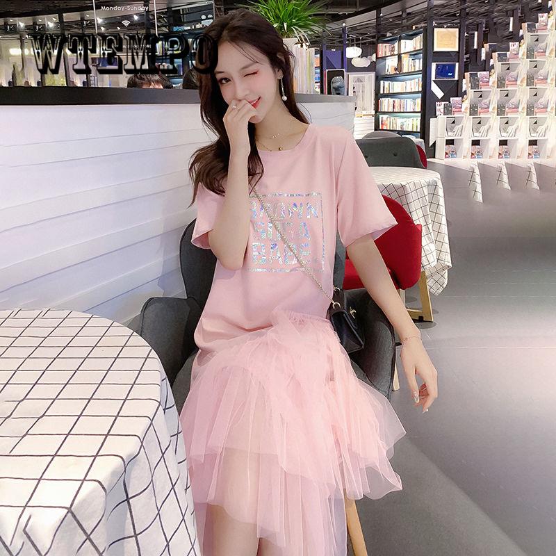 Women Mesh Patchwork Short Sleeve Ball Gown Elegant Casual A -Line Dresses O Neck Knee -Length Dress