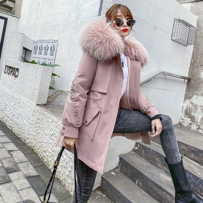 Pai Overcome Female Winter Big Fur Collar New Student Rex Rabbit Fur Liner Embroidery Mid-length Fur Coat
