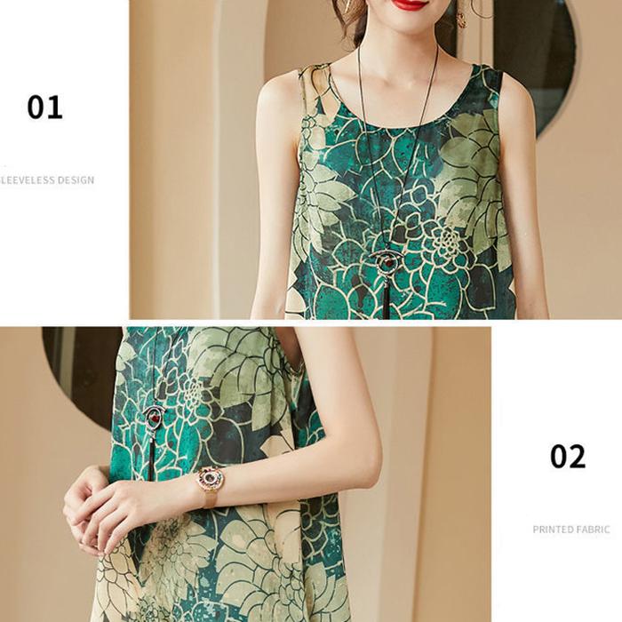 M-XXXXL Summer Ethnic Print Dress Round Neck Cotton and Linen Sleeveless Loose Mid-length Vest Skirt Daily Thin
