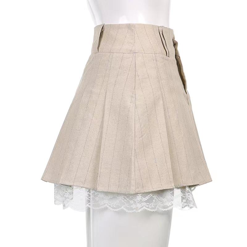 Women's Pleated Skirt Girls Summer Solid Color High Waist A-line Skirts Lace Patchwork Mini Skirt Club Short Skirts