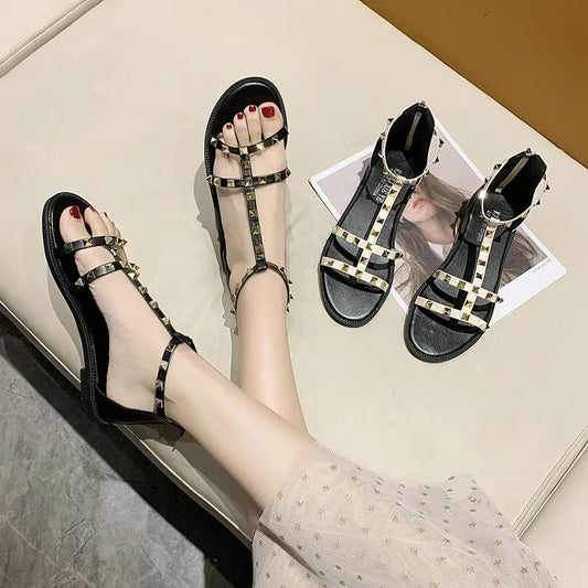 Rivet Flat Sandals Flat Slippers Summer Women's Casual Roman Flower Sandals Versatile and Comfortable Non-slip Open Toe