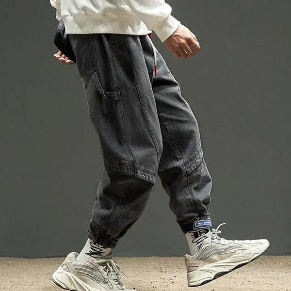 S-5XL Men's Spring and Autumn Overalls Plus Size Long Jeans Washed Loose Stitching Solid Color All-match Leggings Cropped Pants