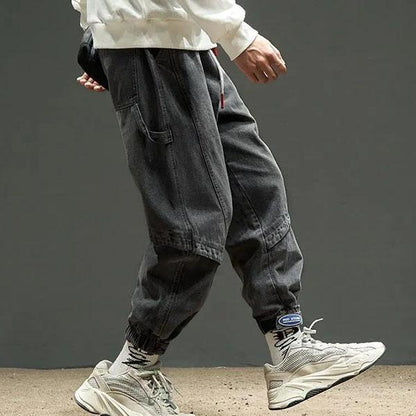 S-5XL Men's Spring and Autumn Overalls Plus Size Long Jeans Washed Loose Stitching Solid Color All-match Leggings Cropped Pants
