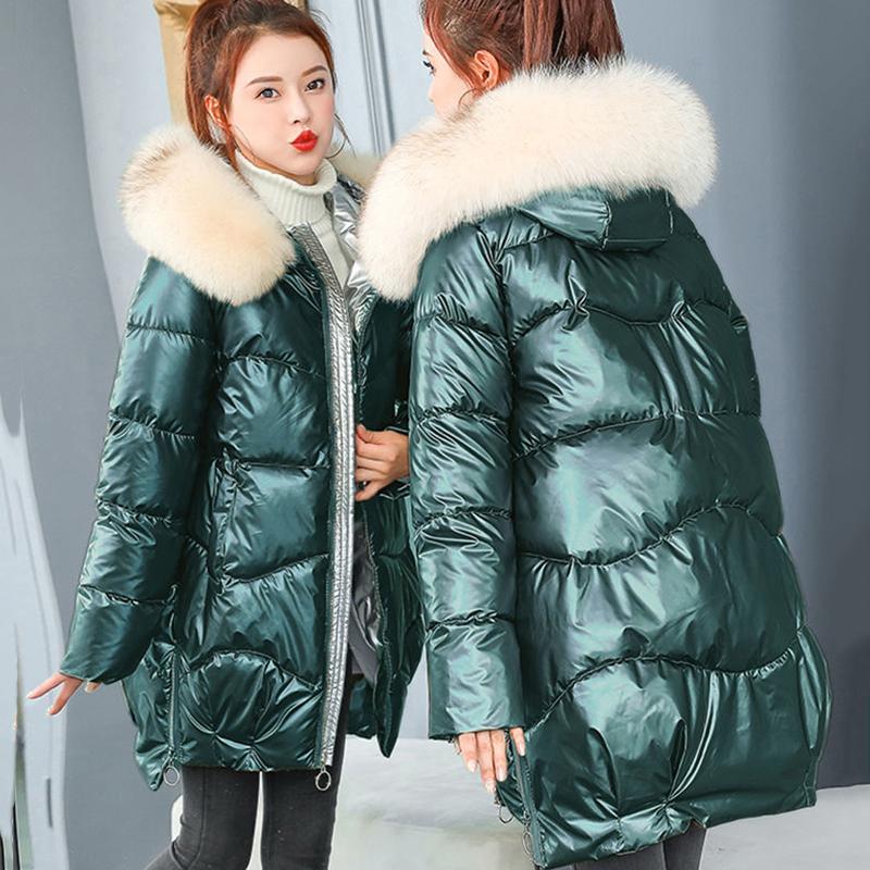 Women's Bright Face Hooded Down Jacket Mid-length Korean Loose Thick Coat Warm Cotton Coat Large Wool Collar Winter Quilted Coat