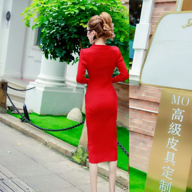 Autumn and Winter OL style Slim Long Knitted Dress Female Bag Hip Long-sleeved Knitted Sweater Bottoming Dress